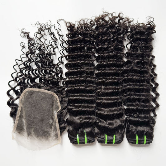 DEEP WAVE 3 Bundles with 5x5HD Closure Raw Cambodian Hair Double Drawn